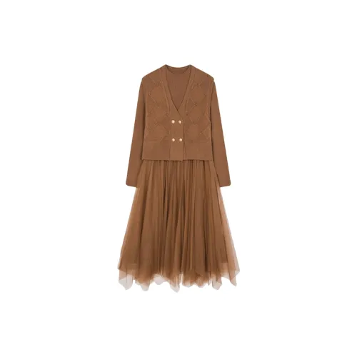 TOUCH MISS Two Piece Skirt Sets Women's Coffee Camel