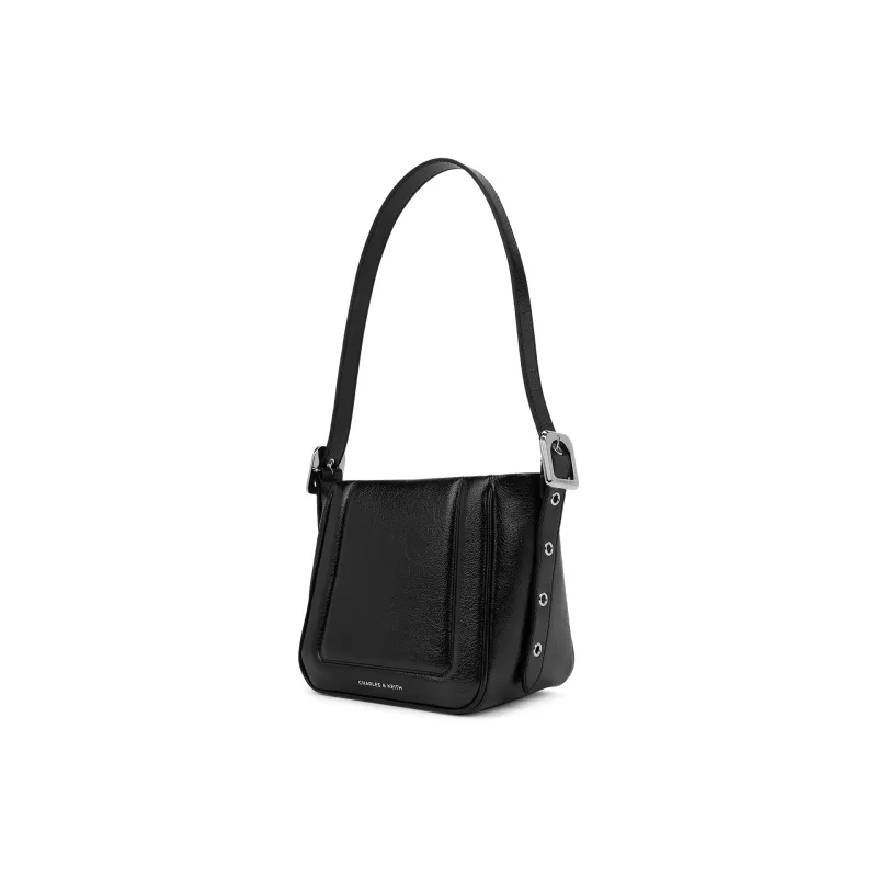 CHARLES&KEITH PU One Shoulder Crossbody Bucket Bag Medium Size Women's Noir Black/Oat/Silver-1