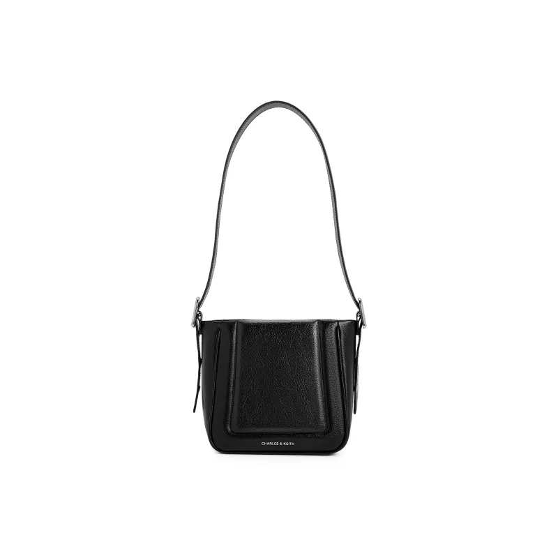 CHARLES&KEITH PU One Shoulder Crossbody Bucket Bag Medium Size Women's Noir Black/Oat/Silver-0