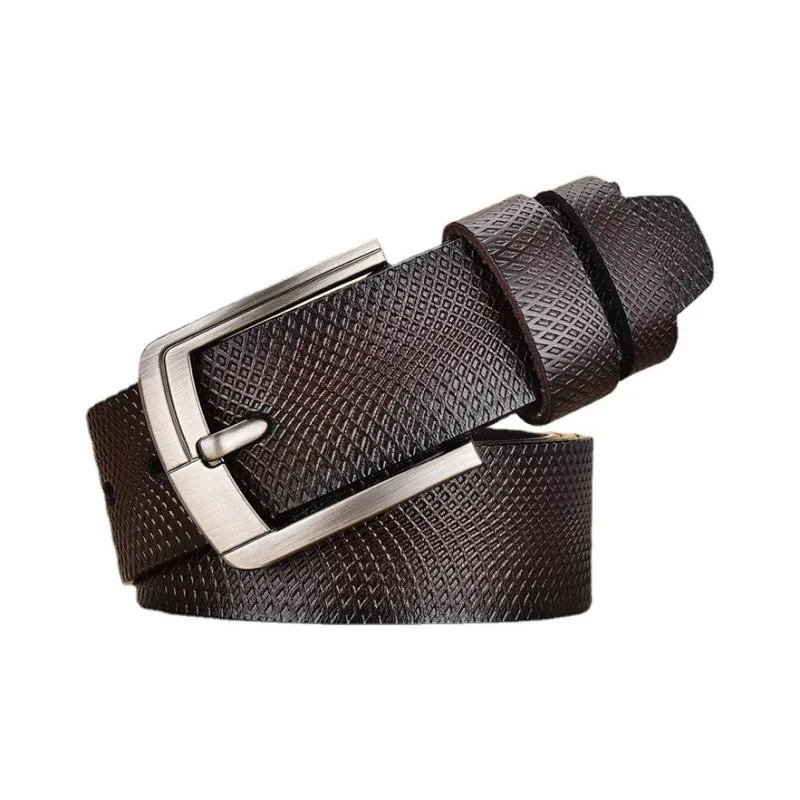PISHUSHU Vintage Mesh Embossed Cow Leather Pin Buckle Belt Men's Black Brown Width 5.2cm-1