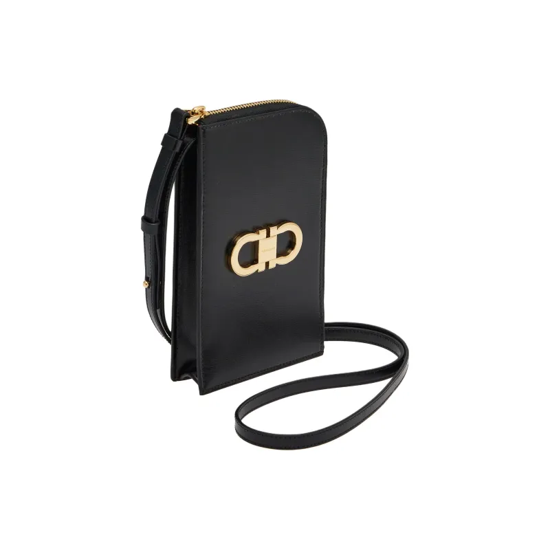 FERRAGAMO GANCINI Cow Leather Cell Phone Pouch Shoulder Bag Crossbody Bag Wallet Women's Black-1
