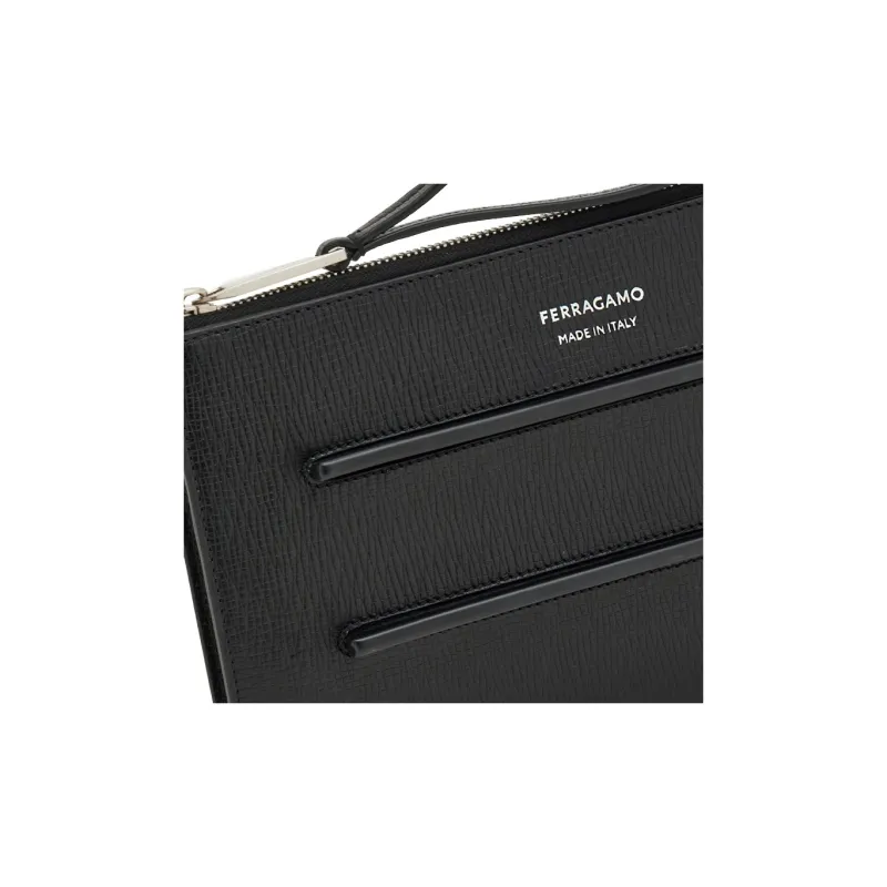 FERRAGAMO Hammered Texture Cow Leather Document Bag Clutch Men's Black-4
