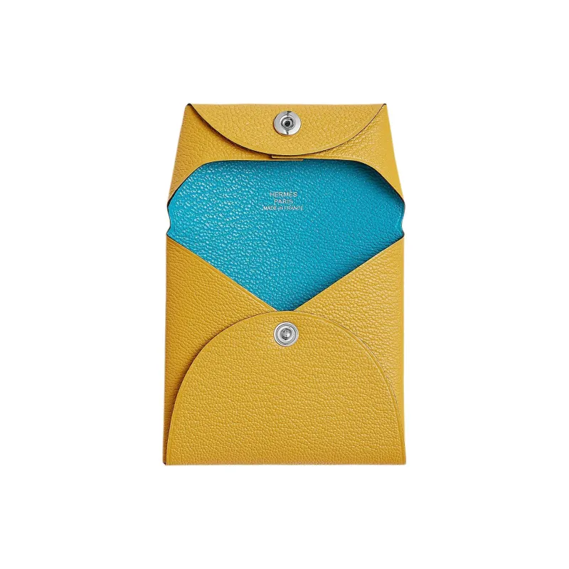 HERMES Bastia Mysore Goat Skin Card Holder Coin Purse Women's Sunshine Yellow With Blue Frida-1