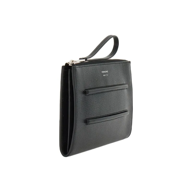FERRAGAMO Hammered Texture Cow Leather Document Bag Clutch Men's Black-1