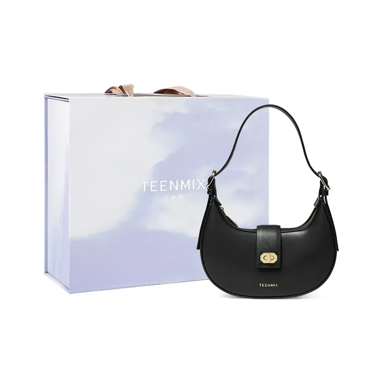 Teenmix Cow Leather Crescent Bag, Shoulder Bag Medium Size Women's Mocha/Black-1