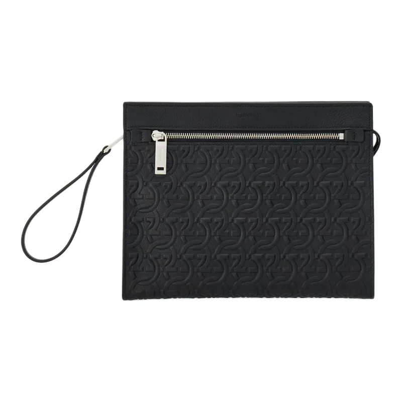 FERRAGAMO GANCINI Cow Leather Clutch Men's Black-0