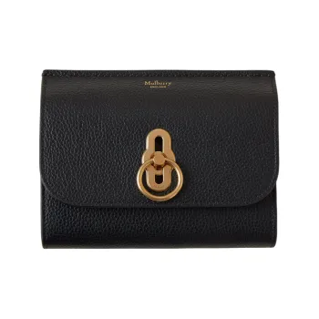Mulberry Grain Cow Leather Wallet Medium Size Unisex Black