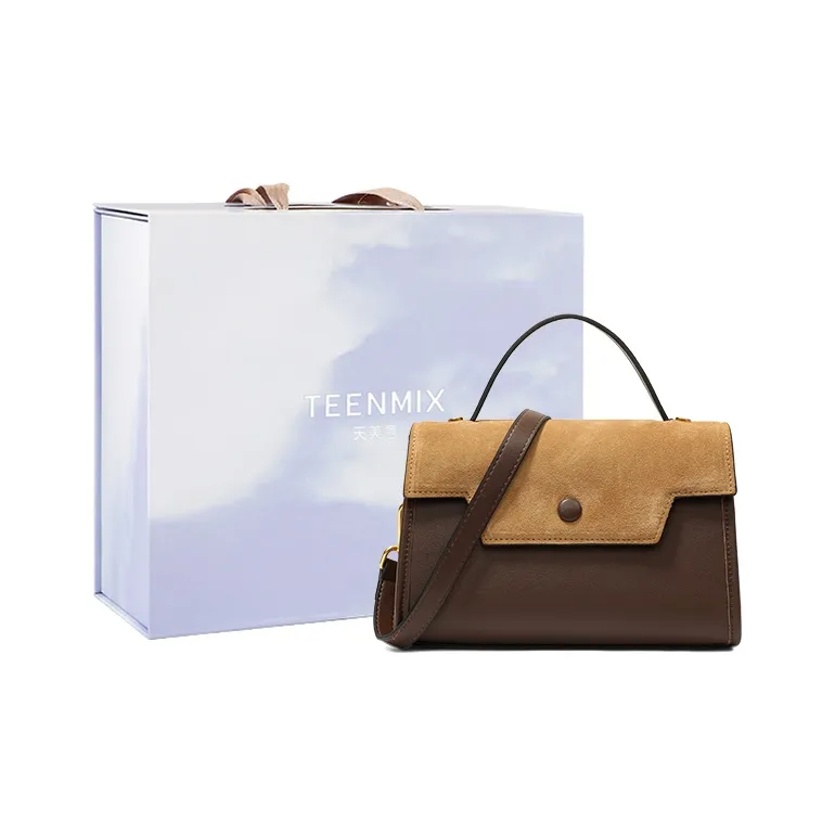 Teenmix Cow Leather Kelly Bag, One Shoulder Handbag Trumpets Women's Khaki/Black/Red Brown-19
