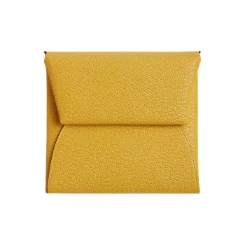 HERMES Bastia Mysore Goat Skin Card Holder Coin Purse Women's Sunshine Yellow With Blue Frida