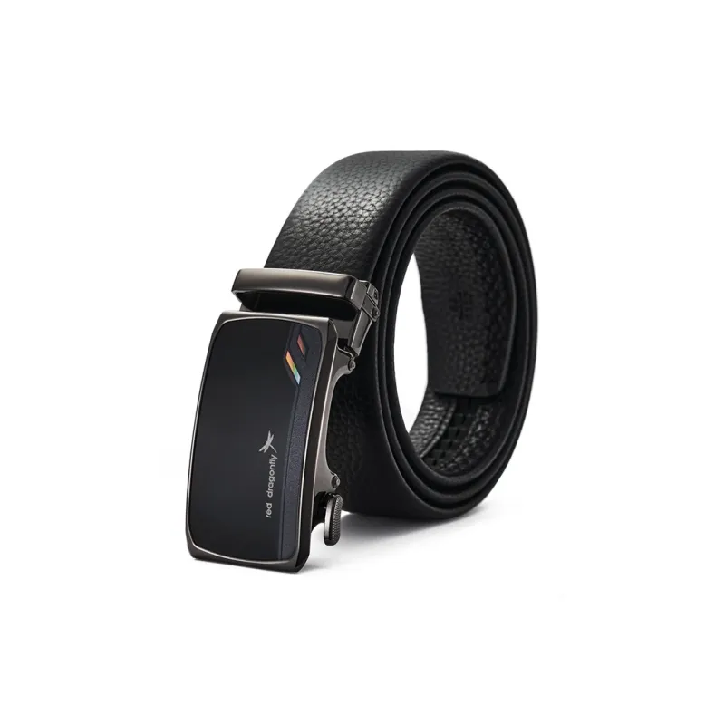 RED DRAGONFLY Business Commute Style Office Casual, Automatic Buckle Cow Head Leather Men's Black Width 3.5CM-0