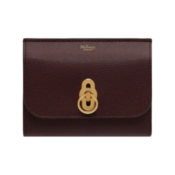 Mulberry Grain Cow Leather Wallet Medium Size Unisex Red Brown