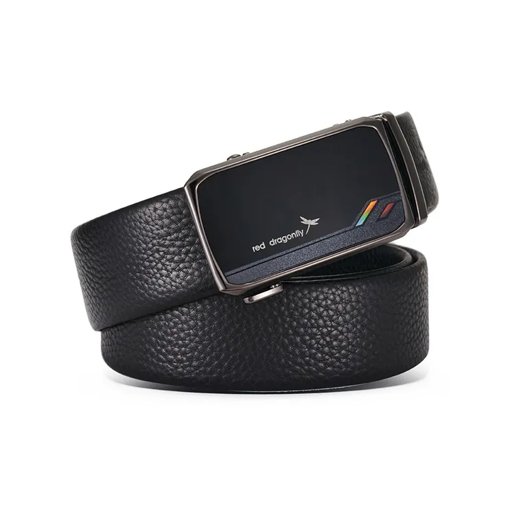 RED DRAGONFLY Business Commute Style Office Casual, Automatic Buckle Cow Head Leather Men's Black Width 3.5CM-1