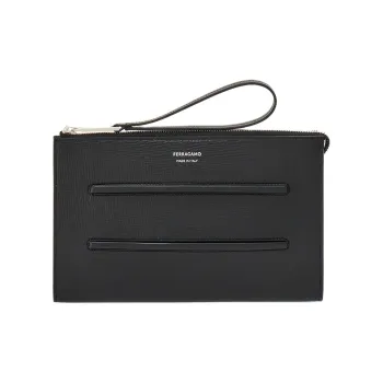 FERRAGAMO Hammered Texture Cow Leather Document Bag Clutch Men's Black