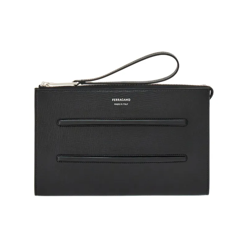 FERRAGAMO Hammered Texture Cow Leather Document Bag Clutch Men's Black-0