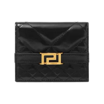 VERSACE Greca Goddess Cow Leather Wallet Women's Black & Gold