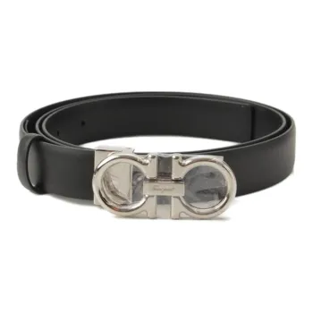 FERRAGAMO Badge Letter Decoration Smooth Buckle Leather Belts Men's Black Width  2.5cm