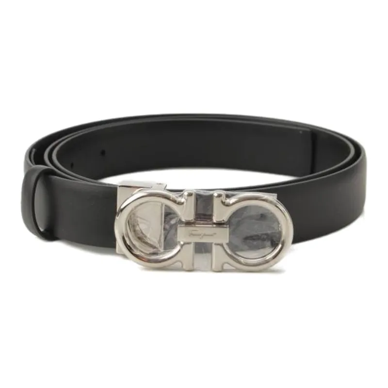 FERRAGAMO Badge Letter Decoration Smooth Buckle Leather Belts Men's Black Width  2.5cm-0