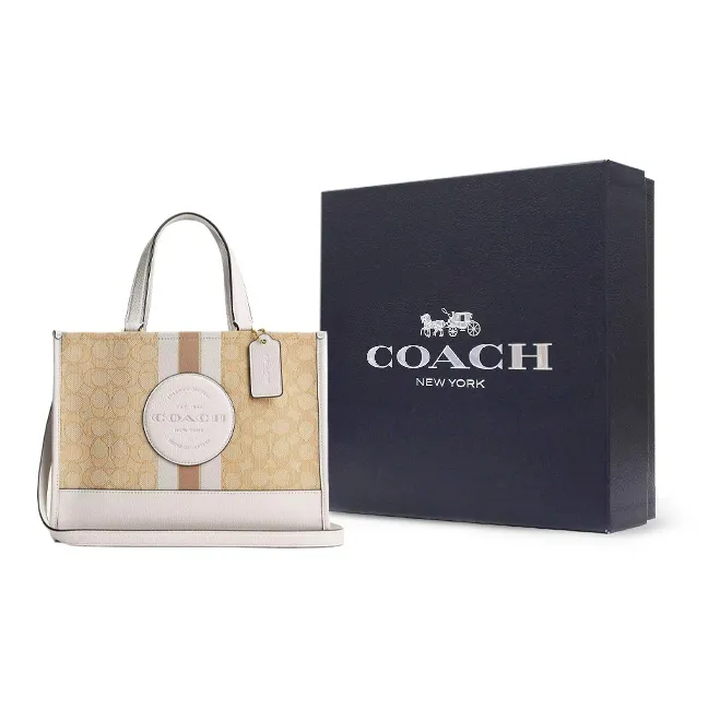 COACH Dempsey Jacquard With Leather One Shoulder Handbags Large Size Women's Gold & Light Khaki Chalk-8
