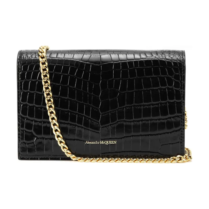 Alexander McQueen Crocodile Pattern Leather Chain Bag Shoulder Bag Women's Black-4