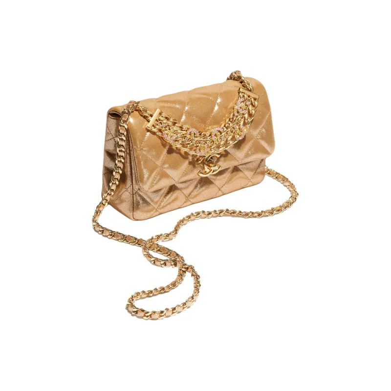 CHANEL Metal Texture Calfskin Flap Bag, Shoulder Bag, Crossbody Bag Mini Women's Gold-1