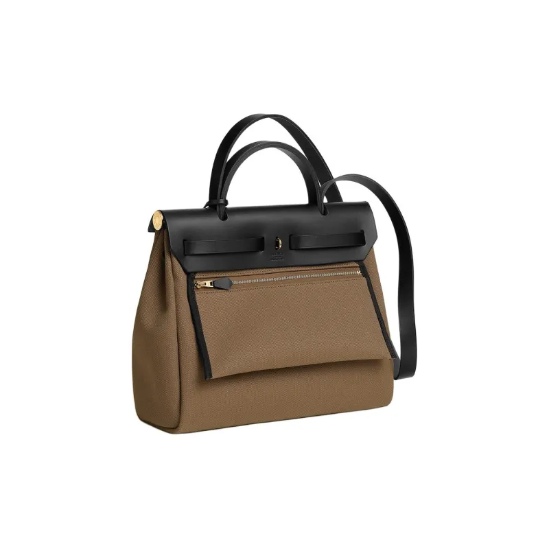 HERMES Herbag Canvas With Leather Canvas Bag Handbag Shoulder Bag Crossbody Bag Women's Brown Green With Black Accents-2