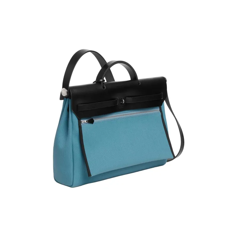 HERMES Herbag Canvas With Hunter Cow Leather Handbag Men's D2 NEW BLEU JEAN New Denim Blue 89 Noir Black-2