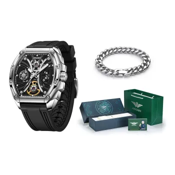 JINLERY Apocalypse Collection Automatic Mechanical Movement Rubber Strap Watch Men's Watches Cut Out Dial