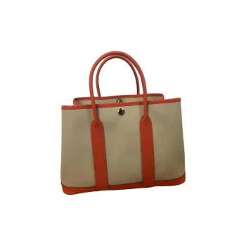 HERMES Garden Party Canvas With Negonda Calfskin Garden Bag Handbag Unisex Glacier White & Orange Red