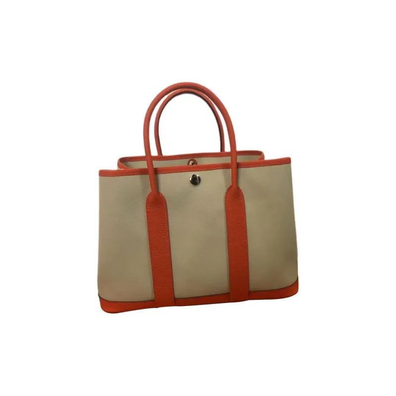 HERMES Garden Party Canvas With Negonda Calfskin Garden Bag Handbag Unisex Glacier White & Orange Red-0