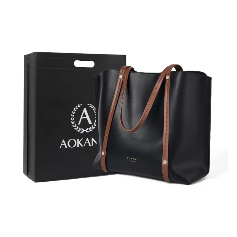 AOKANG Cow Leather With Synthetic Leather Shoulder Bag Large Size Women's Khaki/Classic Black-4