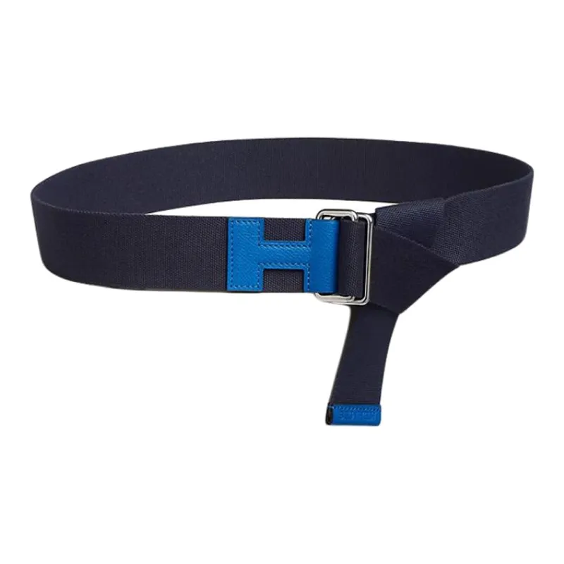 HERMES Badge Letter Decoration, Smooth Buckle Leather Belts Unisex Dark Blue Width 4cm-0