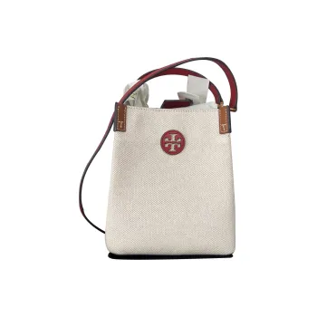 TORY BURCH Blake Canvas With Leather Bucket Bag, Crossbody Bag, Shoulder Bag, Handbag Regular Women's Red & White