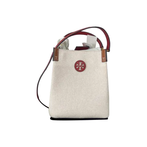 TORY BURCH Blake Canvas With Leather Bucket Bag, Crossbody Bag, Shoulder Bag, Handbag Regular Women's Red & White