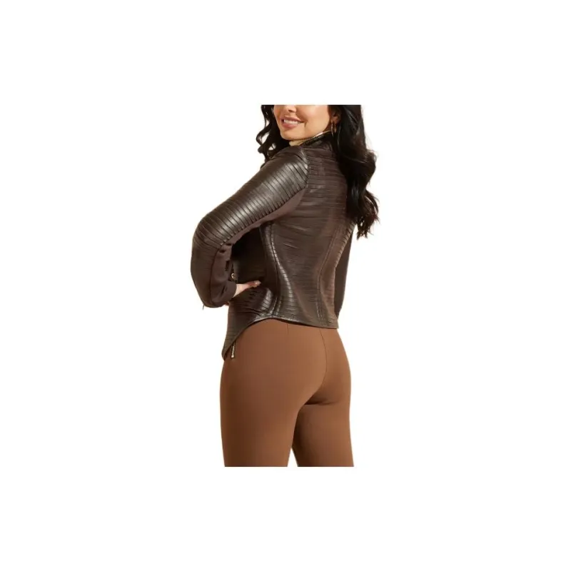 GUESS Shayna Drape Leather Jacket Jackets Coats Women's Brown-1