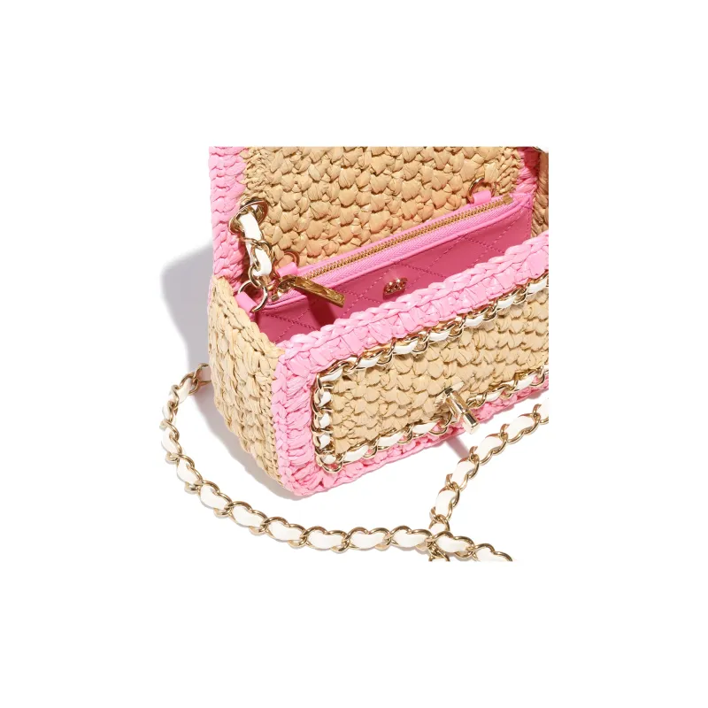 CHANEL Raffia Fiber With Lambskin Shoulder Bag, Crossbody Bag With Flap Mini Women's Pink & Beige-3