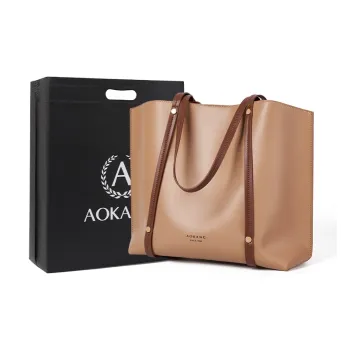 AOKANG Cow Leather With Synthetic Leather Shoulder Bag Large Size Women's Khaki/Classic Black