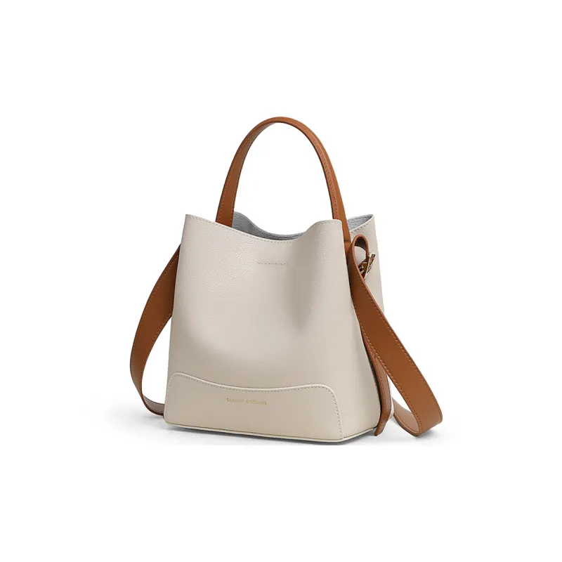 PT'SON Cow Leather With Synthetic Leather Bucket Bag, One Shoulder Handbag Regular Women's Ecru-1
