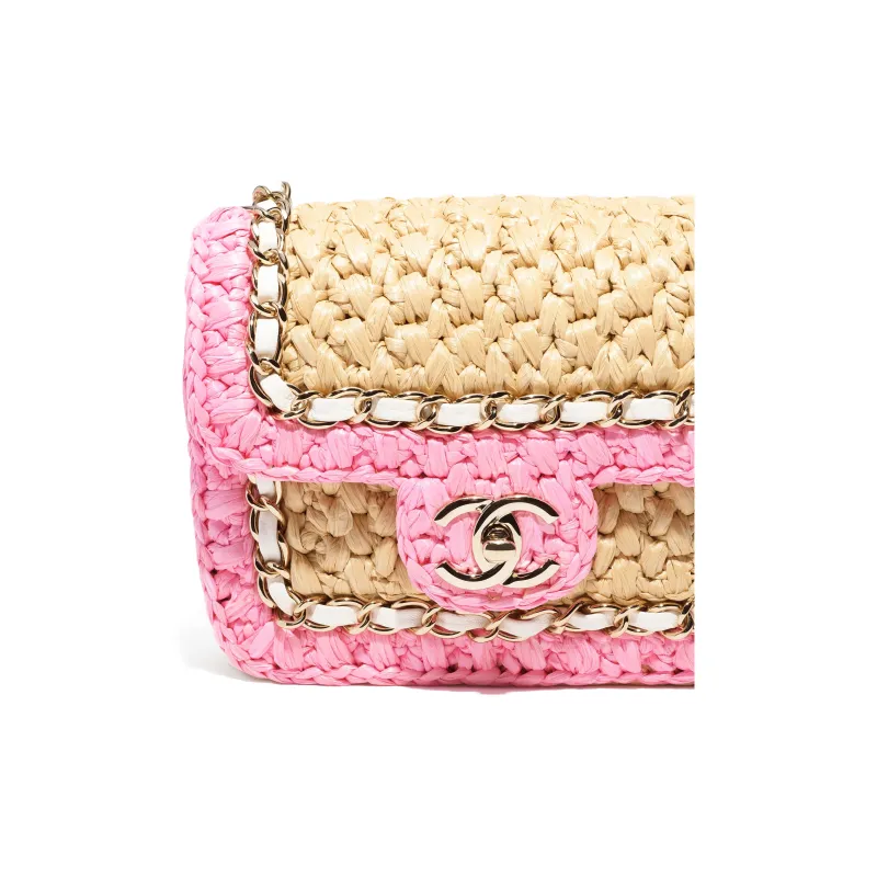 CHANEL Raffia Fiber With Lambskin Shoulder Bag, Crossbody Bag With Flap Mini Women's Pink & Beige-4