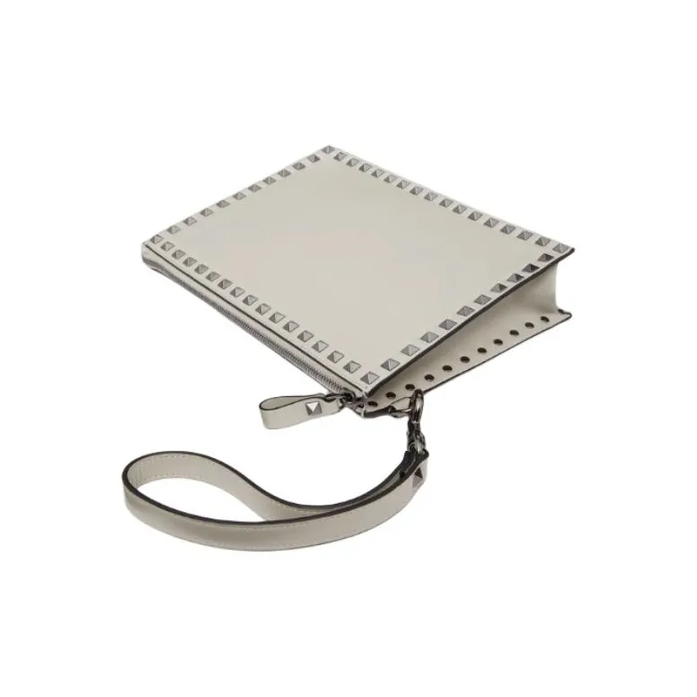 Valentino Rockstud Cow Leather Clutch Men's Opal Gray-2