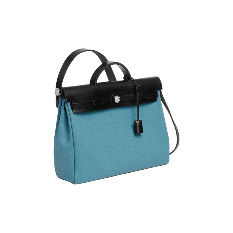 HERMES Herbag Canvas With Hunter Cow Leather Handbag Men's D2 NEW BLEU JEAN New Denim Blue 89 Noir Black-1