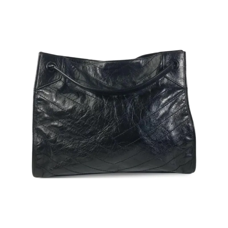 SAINT LAURENT Niki Waxed Leather Tote Bag Shopping Bag Handbag Shoulder Bag Medium Size Women's Black-3