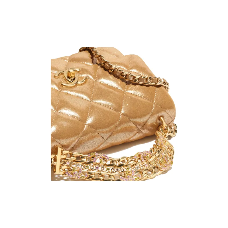 CHANEL Metal Texture Calfskin Flap Bag, Shoulder Bag, Crossbody Bag Mini Women's Gold-3