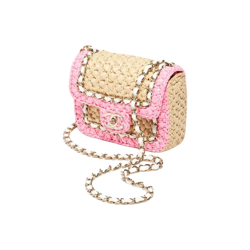 CHANEL Raffia Fiber With Lambskin Shoulder Bag, Crossbody Bag With Flap Mini Women's Pink & Beige-2