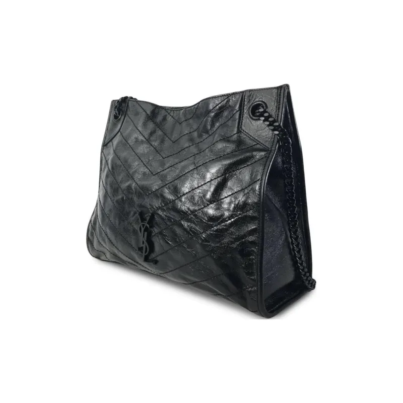 SAINT LAURENT Niki Waxed Leather Tote Bag Shopping Bag Handbag Shoulder Bag Medium Size Women's Black-1