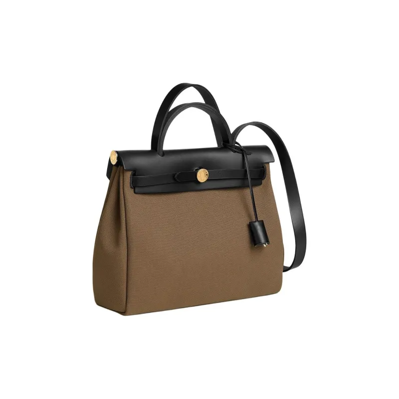 HERMES Herbag Canvas With Leather Canvas Bag Handbag Shoulder Bag Crossbody Bag Women's Brown Green With Black Accents-1