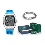 J9043J2 Silver Case Black Bezel Blue Hands Blue Tapes[Cuban Bracelet+Dark Shadow Box]