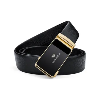 WilliamPOLO Top Grain Cow Leather Belt Men's Gold Buckle Gold Logo Width: 3.5cm