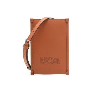 MCM Aren Calfskin One Shoulder Crossbody Cell Phone Pouch Unisex Cognac Brandy