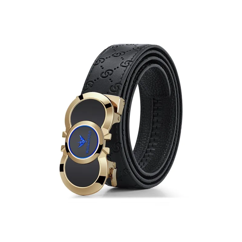 WilliamPOLO Gold Tone Lock Blue Logo Leather Belts Men's Width  3.5cm-1