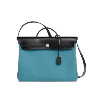 HERMES Herbag Canvas With Hunter Cow Leather Handbag Men's D2 NEW BLEU JEAN New Denim Blue 89 Noir Black
